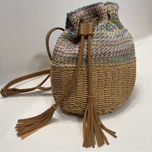 Multicolor Straw Woven Bucket Bag Purse. Hippie Boho casual. Pre-owned. Ink spot